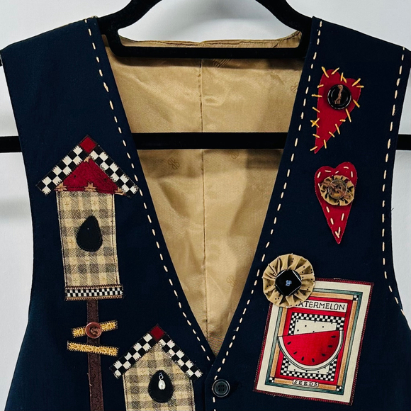 LAGENLOOK GARDEN Navy PATCHWORK Cottage Core FOLK ART Embellished Vest WOMENS M - Picture 2 of 5